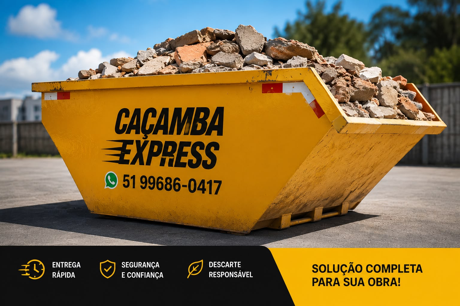 Caçamba amarela da Caçamba Express cheia de entulho